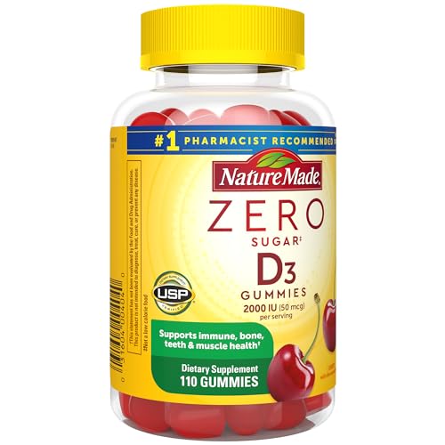 Nature Made Zero Sugar Vitamin D3 Gummies 2000 IU (50 mcg) per Serving, Immune, Bone, Teeth & Muscle Support Supplement, 110 Sugar Free Vitamin D Gummies, 55 Day Supply