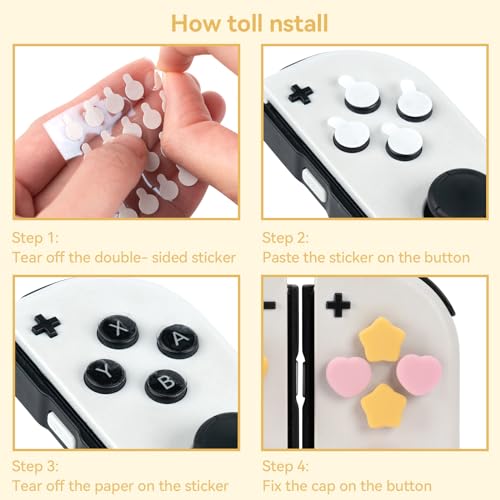 Yocore Cute Switch D-Pad Button Caps Silicone Thumb Grips Set, ABXY Key Buttons Sticker Joystick Cover Caps for Nintendo Switch/OLED - Pink Yellow Stars