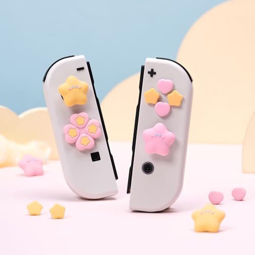 Yocore Cute Switch D-Pad Button Caps Silicone Thumb Grips Set, ABXY Key Buttons Sticker Joystick Cover Caps for Nintendo Switch/OLED - Pink Yellow Stars