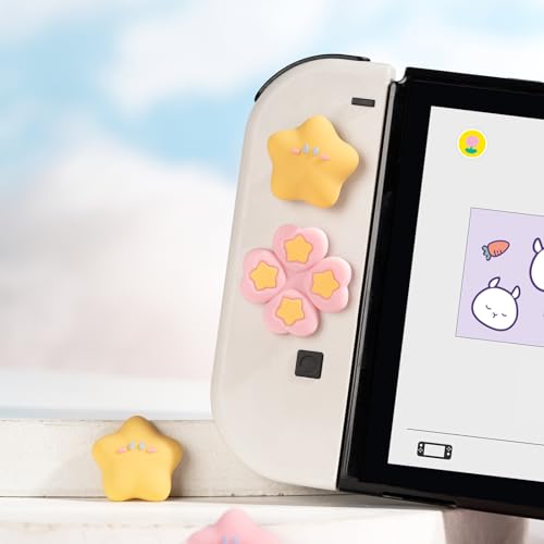 Yocore Cute Switch D-Pad Button Caps Silicone Thumb Grips Set, ABXY Key Buttons Sticker Joystick Cover Caps for Nintendo Switch/OLED - Pink Yellow Stars