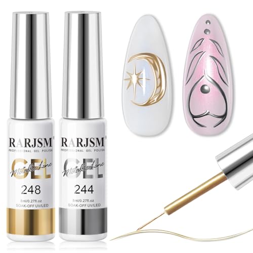 RARJSM Metallic Gel Liner Nail Art Silver Bronze Gold 2pcs Set Mirror Chrome 3D Effect Gel Nail Polish 8ml Build in Thin Brush Metal Painted Drawing Stripper Gel Polish Curing Requires for Home Salon