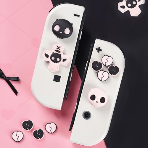 GeekShare Silicone Cross D-Pad Button Caps Set Joystick Cover - Cute ABXY Key Buttons Sticker Compatible with Nintendo Switch/OLED Joy Con - Sweetheart Skull