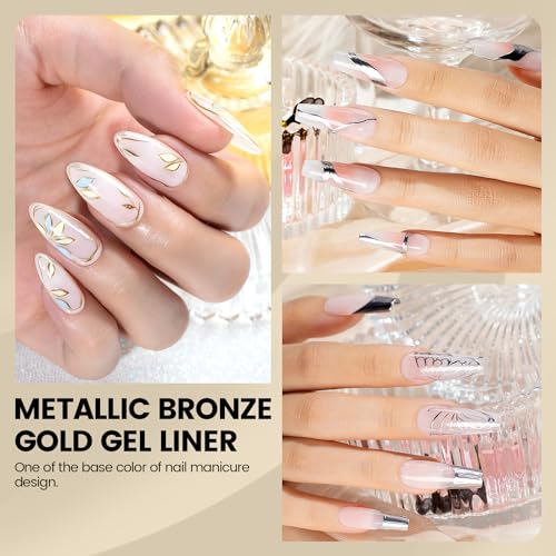RARJSM Metallic Gel Liner Nail Art Silver Bronze Gold 2pcs Set Mirror Chrome 3D Effect Gel Nail Polish 8ml Build in Thin Brush Metal Painted Drawing Stripper Gel Polish Curing Requires for Home Salon