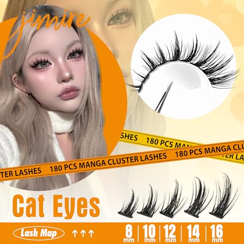 JIMIRE Natural Lash Clusters Extensions 180Pcs Anime Eyelash Extensions D Curl Wispy Manga Eyelash Clusters 8-16MM Cluster Eyelash Extension Individual Lashes Pack