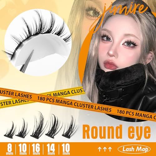 JIMIRE Natural Lash Clusters Extensions 180Pcs Anime Eyelash Extensions D Curl Wispy Manga Eyelash Clusters 8-16MM Cluster Eyelash Extension Individual Lashes Pack