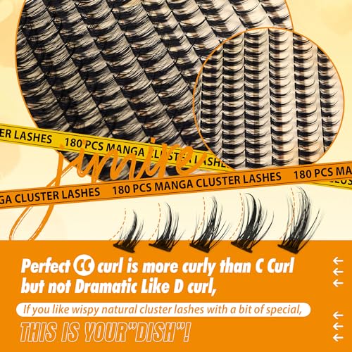 JIMIRE Natural Lash Clusters Extensions 180Pcs Anime Eyelash Extensions D Curl Wispy Manga Eyelash Clusters 8-16MM Cluster Eyelash Extension Individual Lashes Pack