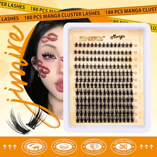 JIMIRE Natural Lash Clusters Extensions 180Pcs Anime Eyelash Extensions D Curl Wispy Manga Eyelash Clusters 8-16MM Cluster Eyelash Extension Individual Lashes Pack