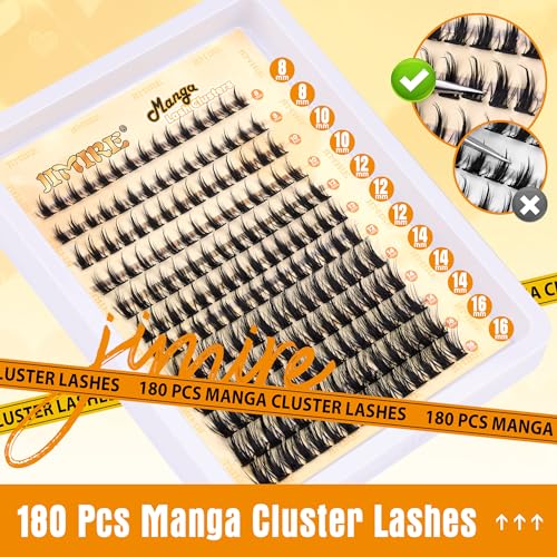 JIMIRE Natural Lash Clusters Extensions 180Pcs Anime Eyelash Extensions D Curl Wispy Manga Eyelash Clusters 8-16MM Cluster Eyelash Extension Individual Lashes Pack