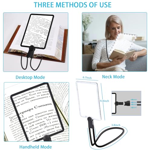 Large Hands Free Magnifying Glass for Reading,Full Book Page Magnifier with Flexible Gooseneck Stand and 50 Ultra-Bright Led Lights for Seniors Repair Sewing Newspaper Computer Phone Laptop