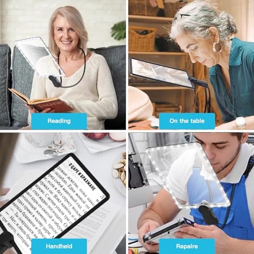 Large Hands Free Magnifying Glass for Reading,Full Book Page Magnifier with Flexible Gooseneck Stand and 50 Ultra-Bright Led Lights for Seniors Repair Sewing Newspaper Computer Phone Laptop