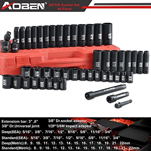 AOBEN 3/8-Inch Drive Impact Socket Set, 49 Pieces, 6 Point, SAE/Metric, (5/16" - 3/4", 8mm - 22mm), Deep/Standard, Cr-V Steel, Includes Extension Bars and Adapter
