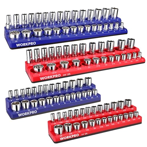 WORKPRO Magnetic Socket Organizer Set, 4-Piece Socket Holder Set Includes 1/4", 3/8" Drive Metric SAE Socket Trays, Holds 108 Pieces Standard Size and Deep Size Sockets(Socket not Included)