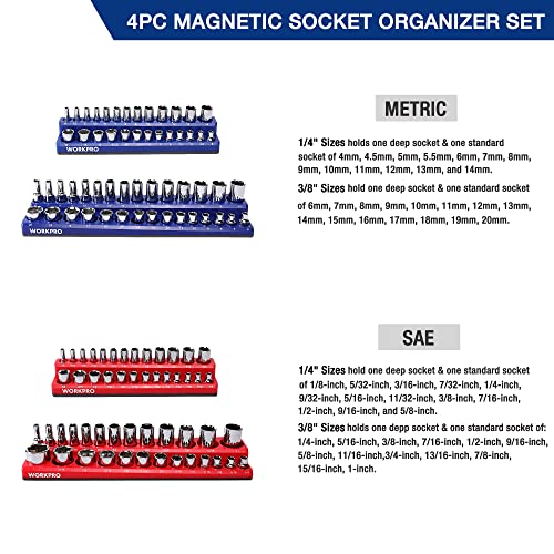 WORKPRO Magnetic Socket Organizer Set, 4-Piece Socket Holder Set Includes 1/4", 3/8" Drive Metric SAE Socket Trays, Holds 108 Pieces Standard Size and Deep Size Sockets(Socket not Included)