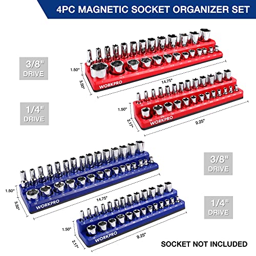 WORKPRO Magnetic Socket Organizer Set, 4-Piece Socket Holder Set Includes 1/4", 3/8" Drive Metric SAE Socket Trays, Holds 108 Pieces Standard Size and Deep Size Sockets(Socket not Included)
