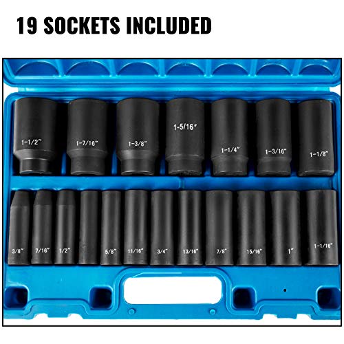 VEVOR Impact Socket Set 1/2 Inches 19 Piece, Deep Socket, 6-Point Sockets, Rugged Construction, Cr-V, 1/2 Inches Drive Socket Set Impact 3/8 inch - 1-1/2 inch, with a Storage Cage
