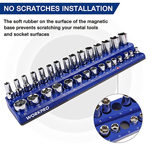 WORKPRO Magnetic Socket Organizer Set, 4-Piece Socket Holder Set Includes 1/4", 3/8" Drive Metric SAE Socket Trays, Holds 108 Pieces Standard Size and Deep Size Sockets(Socket not Included)