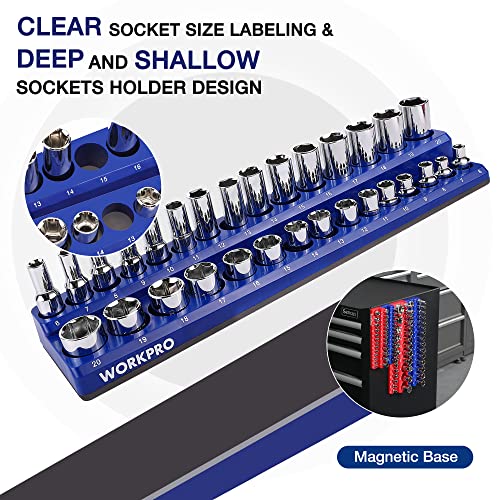 WORKPRO Magnetic Socket Organizer Set, 4-Piece Socket Holder Set Includes 1/4", 3/8" Drive Metric SAE Socket Trays, Holds 108 Pieces Standard Size and Deep Size Sockets(Socket not Included)