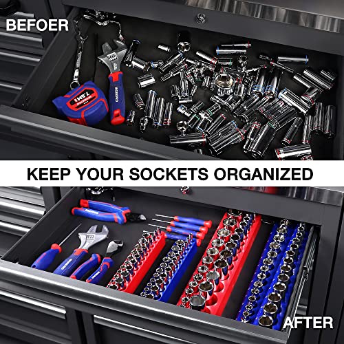 WORKPRO Magnetic Socket Organizer Set, 4-Piece Socket Holder Set Includes 1/4", 3/8" Drive Metric SAE Socket Trays, Holds 108 Pieces Standard Size and Deep Size Sockets(Socket not Included)