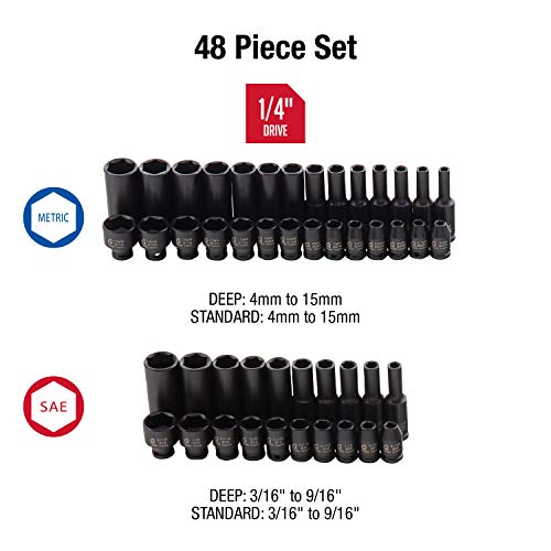SUNEX TOOLS 1848, 1/4 Inch Drive Master Impact Socket Set, 48-Piece, SAE/Metric, 3/16 Inch - 9/16 Inch, 4mm - 15mm, Standard/Deep, Cr-Mo Alloy Steel, Radius Corner Design, Heavy Duty Storage Case