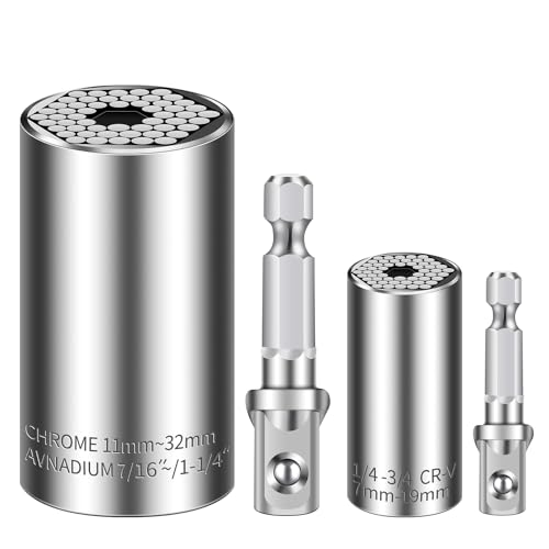Universal Socket Set (11-32mm 7-19mm) Super Socket for Unscrew Any Bolt Multi-Function Universal Socket Tool Kit with Power Drill Adapters Gifts for Men, Father/Dad, Husband, DIY Handyman 4PCS