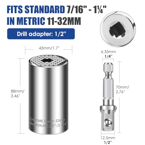 Universal Socket Set (11-32mm 7-19mm) Super Socket for Unscrew Any Bolt Multi-Function Universal Socket Tool Kit with Power Drill Adapters Gifts for Men, Father/Dad, Husband, DIY Handyman 4PCS