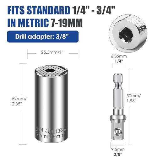 Universal Socket Set (11-32mm 7-19mm) Super Socket for Unscrew Any Bolt Multi-Function Universal Socket Tool Kit with Power Drill Adapters Gifts for Men, Father/Dad, Husband, DIY Handyman 4PCS