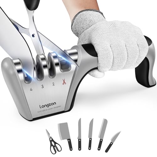 Longzon 4-in-1 Knife Sharpener with Cut-Resistant Glove