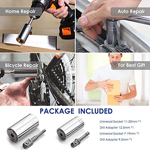 Universal Socket Set (11-32mm 7-19mm) Super Socket for Unscrew Any Bolt Multi-Function Universal Socket Tool Kit with Power Drill Adapters Gifts for Men, Father/Dad, Husband, DIY Handyman 4PCS