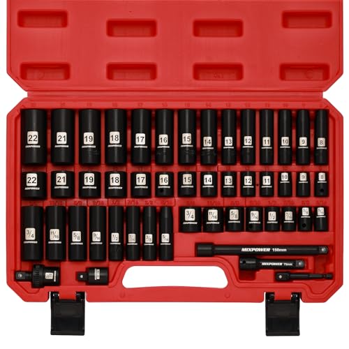 MIXPOWER 3/8" Drive Deep Impact Socket Set, 6 Point, 49 Piece Standard SAE and Metric Sizes-5/16-Inch to 3/4-Inch and 8-22 mm, 3/8'' impact universal joint, Cr-V Steel Mechanic Socket Set