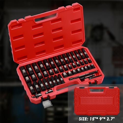 MIXPOWER 3/8" Drive Deep Impact Socket Set, 6 Point, 49 Piece Standard SAE and Metric Sizes-5/16-Inch to 3/4-Inch and 8-22 mm, 3/8'' impact universal joint, Cr-V Steel Mechanic Socket Set