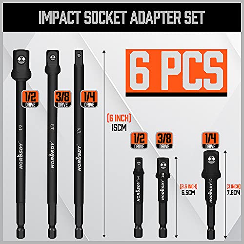 HORUSDY 6-Piece Impact Grade Power Drill Sockets Adapter Sets, 3-Inch and 6-Inch Hex Shank Impact Driver Socket Adapter, Socket to Drill Adapter 1/4" 3/8" 1/2" Impact Driver Adapter