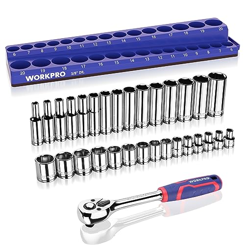 WORKPRO 32-Piece 3/8-inch Drive Metric Sockets and Ratchet-Including 30 Metric Deep and Shallow Sockets, 6-20mm with Magnetic Organizer and 72 Tooth Quick Release Reversible Ratchet for Auto Repair
