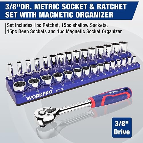 WORKPRO 32-Piece 3/8-inch Drive Metric Sockets and Ratchet-Including 30 Metric Deep and Shallow Sockets, 6-20mm with Magnetic Organizer and 72 Tooth Quick Release Reversible Ratchet for Auto Repair