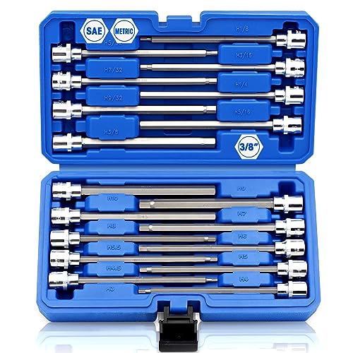 RIZOM 18-Piece 3/8 Inch Drive Extra Long Allen Hex Bit Socket Set, SAE & Metric (1/8-3/8 in., 3-10 mm), CR-V and S2 Steel