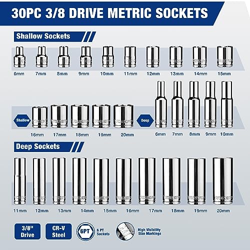 WORKPRO 32-Piece 3/8-inch Drive Metric Sockets and Ratchet-Including 30 Metric Deep and Shallow Sockets, 6-20mm with Magnetic Organizer and 72 Tooth Quick Release Reversible Ratchet for Auto Repair