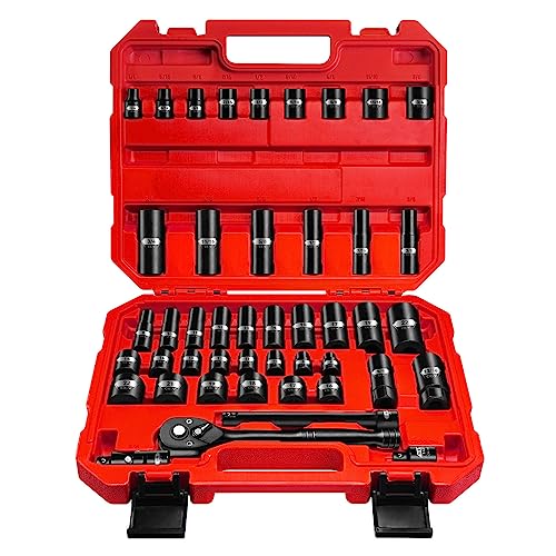 BLACKROBOT 3/8" Drive Impact Socket Set, 45 Pieces Standard SAE (1/4" to 3/4") and Metric (6-22 mm), 6 Point, 72-Tooth Ratchet Handle, 6" Extension Bar, Adapters, Universal Joint, Spark Plug Socket