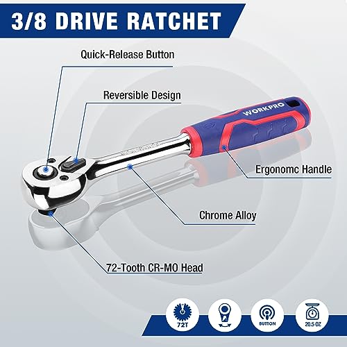 WORKPRO 32-Piece 3/8-inch Drive Metric Sockets and Ratchet-Including 30 Metric Deep and Shallow Sockets, 6-20mm with Magnetic Organizer and 72 Tooth Quick Release Reversible Ratchet for Auto Repair