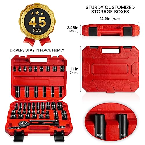 BLACKROBOT 3/8" Drive Impact Socket Set, 45 Pieces Standard SAE (1/4" to 3/4") and Metric (6-22 mm), 6 Point, 72-Tooth Ratchet Handle, 6" Extension Bar, Adapters, Universal Joint, Spark Plug Socket