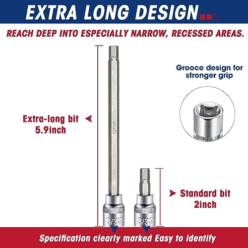 RIZOM 18-Piece 3/8 Inch Drive Extra Long Allen Hex Bit Socket Set, SAE & Metric (1/8-3/8 in., 3-10 mm), CR-V and S2 Steel