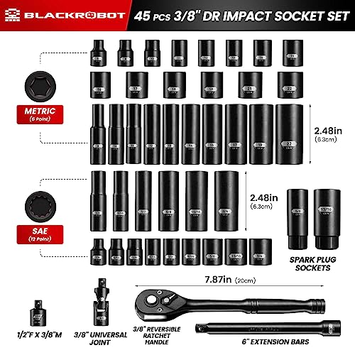 BLACKROBOT 3/8" Drive Impact Socket Set, 45 Pieces Standard SAE (1/4" to 3/4") and Metric (6-22 mm), 6 Point, 72-Tooth Ratchet Handle, 6" Extension Bar, Adapters, Universal Joint, Spark Plug Socket