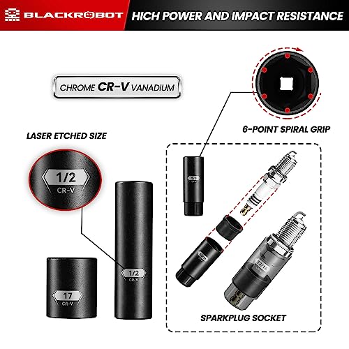 BLACKROBOT 3/8" Drive Impact Socket Set, 45 Pieces Standard SAE (1/4" to 3/4") and Metric (6-22 mm), 6 Point, 72-Tooth Ratchet Handle, 6" Extension Bar, Adapters, Universal Joint, Spark Plug Socket