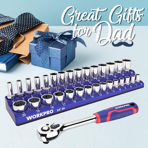 WORKPRO 32-Piece 3/8-inch Drive Metric Sockets and Ratchet-Including 30 Metric Deep and Shallow Sockets, 6-20mm with Magnetic Organizer and 72 Tooth Quick Release Reversible Ratchet for Auto Repair