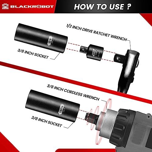 BLACKROBOT 3/8" Drive Impact Socket Set, 45 Pieces Standard SAE (1/4" to 3/4") and Metric (6-22 mm), 6 Point, 72-Tooth Ratchet Handle, 6" Extension Bar, Adapters, Universal Joint, Spark Plug Socket