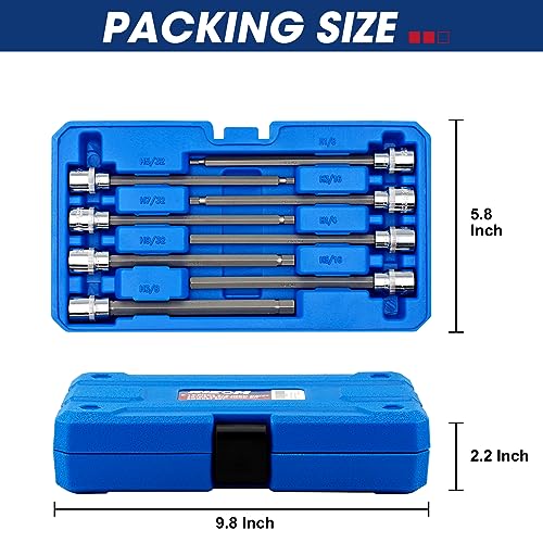 RIZOM 18-Piece 3/8 Inch Drive Extra Long Allen Hex Bit Socket Set, SAE & Metric (1/8-3/8 in., 3-10 mm), CR-V and S2 Steel