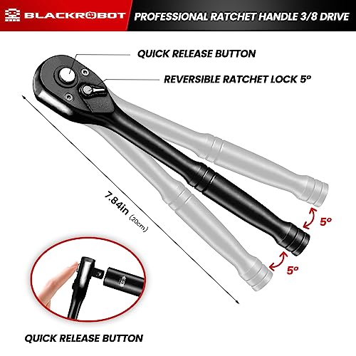 BLACKROBOT 3/8" Drive Impact Socket Set, 45 Pieces Standard SAE (1/4" to 3/4") and Metric (6-22 mm), 6 Point, 72-Tooth Ratchet Handle, 6" Extension Bar, Adapters, Universal Joint, Spark Plug Socket