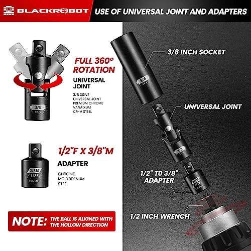 BLACKROBOT 3/8" Drive Impact Socket Set, 45 Pieces Standard SAE (1/4" to 3/4") and Metric (6-22 mm), 6 Point, 72-Tooth Ratchet Handle, 6" Extension Bar, Adapters, Universal Joint, Spark Plug Socket