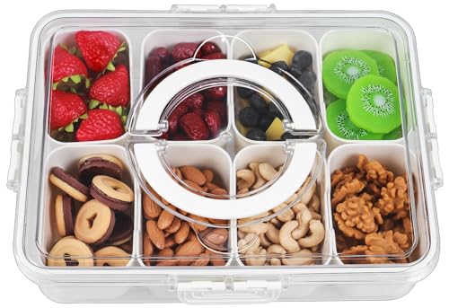 Divided Serving Tray with Lid and Handle - Snackle Box Charcuterie Platter Portable Storage Organizer Container for Fruit, Candy, Veggie, Nuts, Spices& Snacks, Perfect for Party, Travel& Picnic