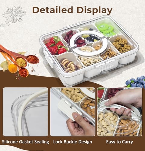 Divided Serving Tray with Lid and Handle - Snackle Box Charcuterie Platter Portable Storage Organizer Container for Fruit, Candy, Veggie, Nuts, Spices& Snacks, Perfect for Party, Travel& Picnic
