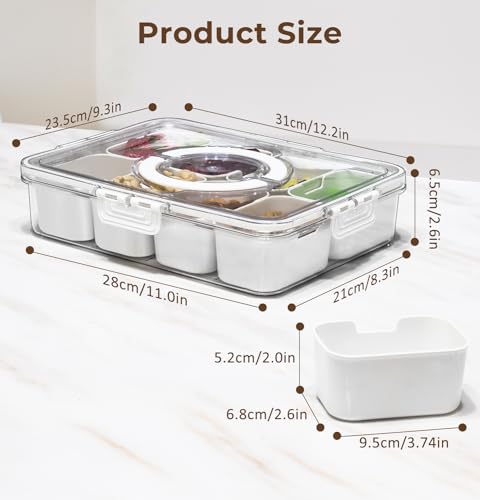 Divided Serving Tray with Lid and Handle - Snackle Box Charcuterie Platter Portable Storage Organizer Container for Fruit, Candy, Veggie, Nuts, Spices& Snacks, Perfect for Party, Travel& Picnic