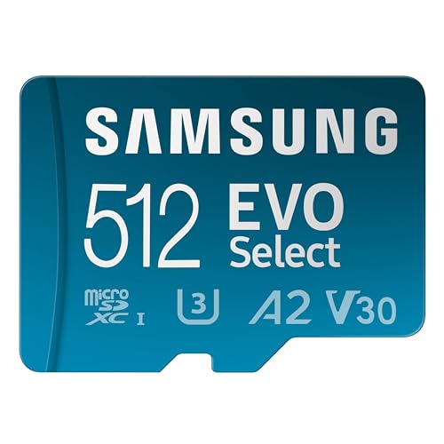 SAMSUNG EVO Select MicroSD Memory Card + Adapter, 512GB microSDXC, Speeds Up to 160 MB/s, UHS-I, C10, U3, V10, A2, Upgrade Storage for Phones, Tablets, Nintendo Switch, MB-ME512SA/AM